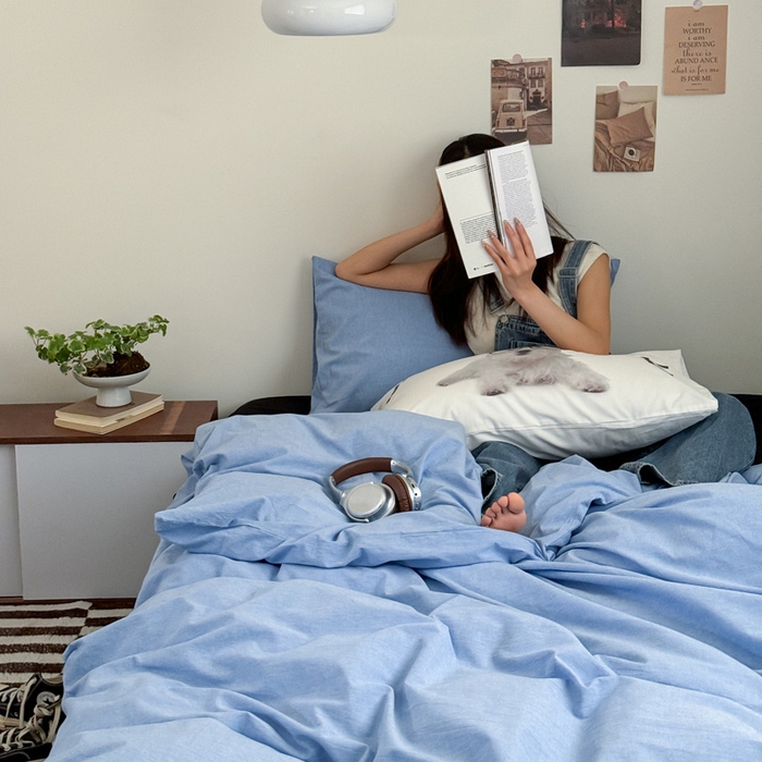 91家纺网 家纺一手货源 找家纺 艾沁家纺 2024新款简约风全棉色织水洗棉混搭四件套 天蓝+黑（天蓝枕+印花枕）