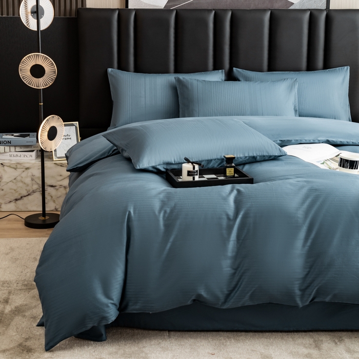 91家纺网 家纺一手货源 找家纺 简宜家居 2025新款60S长绒棉提花四件套 条纹-蓝