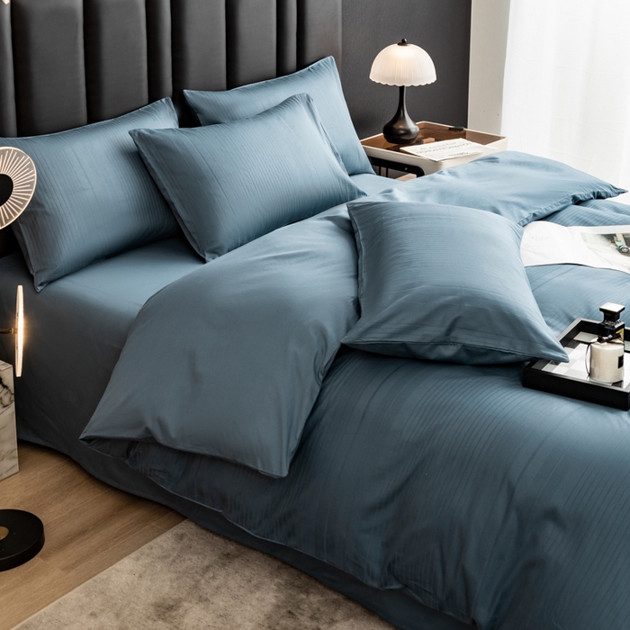 91家纺网 家纺一手货源 找家纺 简宜家居 2025新款60S长绒棉提花四件套 条纹-蓝