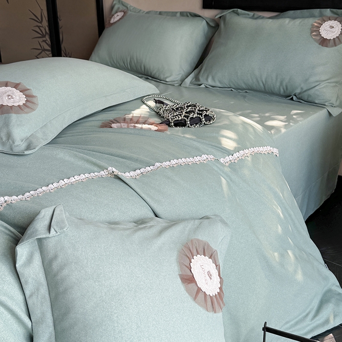 91家纺网 家纺一手货源 找家纺 宜家坊 2024秋冬加厚肌理纹碳素磨毛刺绣贴布绣花边新中式四件套 绿色