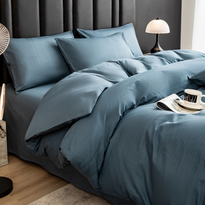 91家纺网 家纺一手货源 找家纺 简宜家居 2025新款60S长绒棉提花四件套 条纹-蓝