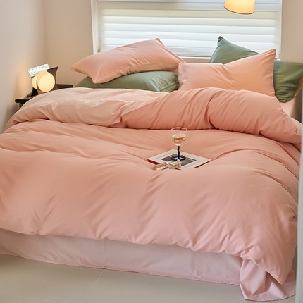 91家纺网 家纺一手货源 找家纺 沐晴家纺 2024新款纯色火山保暖全棉磨毛纯色简约轻奢四件套 粉恋