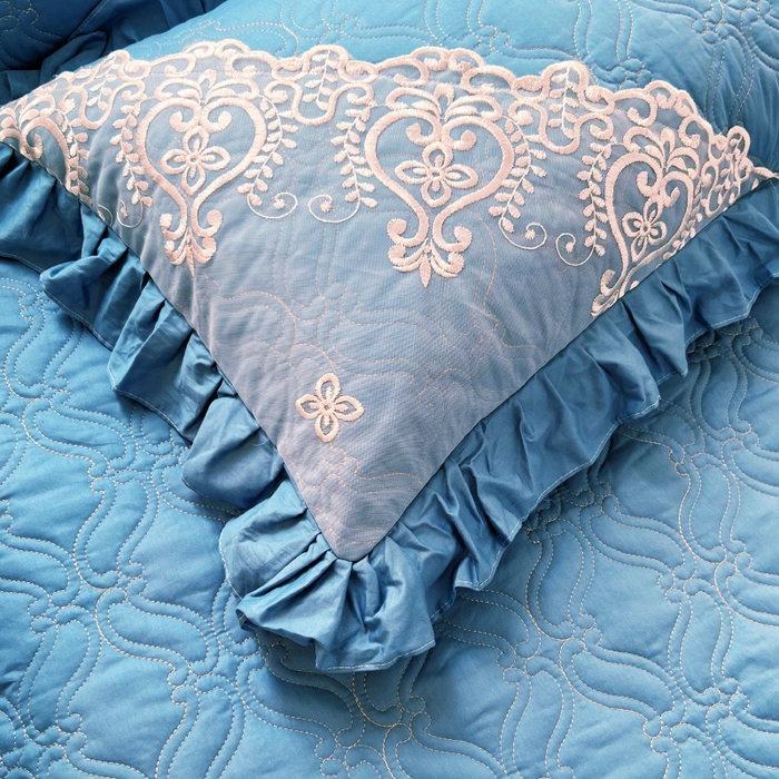 91家纺网 家纺一手货源 找家纺 罗艺轩 2024新款公主风全棉加厚可脱卸床笠式床裙四件套 慕雅-牛仔蓝