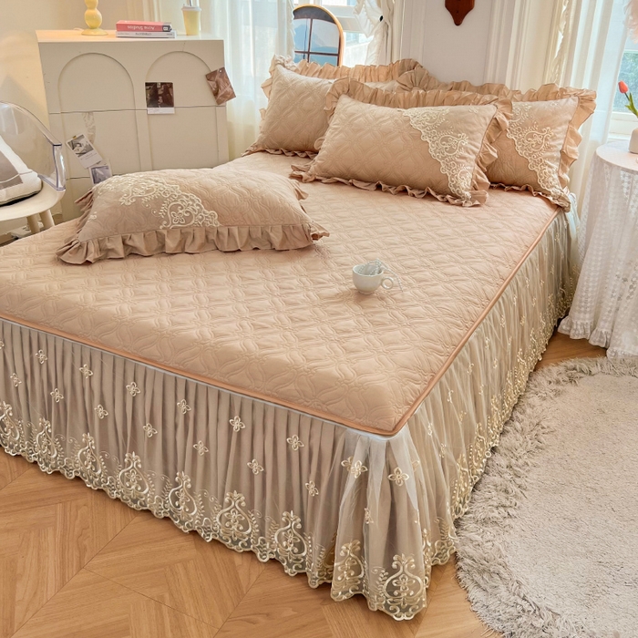 91家纺网 家纺一手货源 找家纺 罗艺轩 2024新款公主风全棉加厚可脱卸床笠式床裙三件套 慕雅-香槟