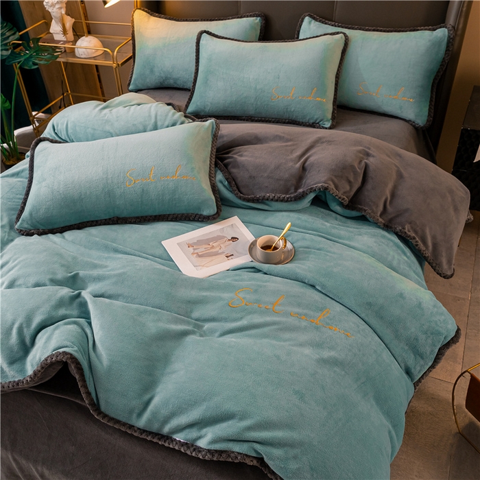 91家纺网 家纺一手货源 找家纺 吾诺 2024新款双拼色牛奶绒四件套 风格二 双拼湖兰