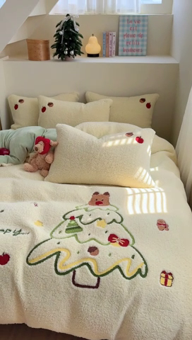 91家纺网 家纺一手货源 找家纺 蜜柚 2024新款高克重羊羔绒牛奶绒毛巾绣四件套 圣诞树