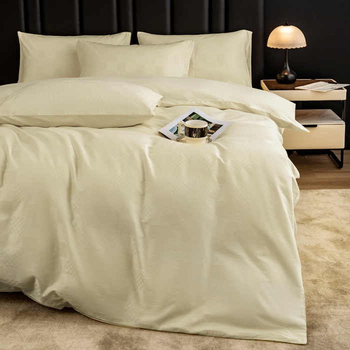 91家纺网 家纺一手货源 找家纺 简宜家居 2025新款60S长绒棉提花四件套 格子-米白