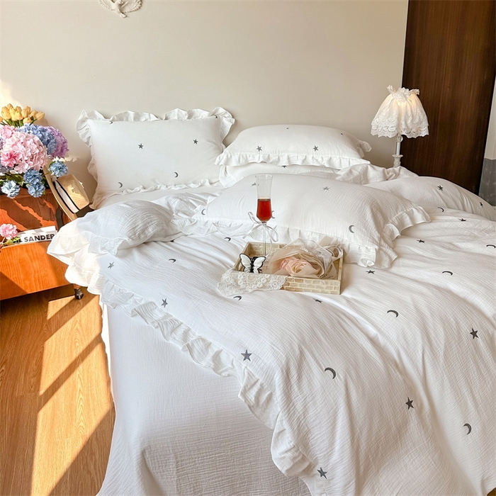 91家纺网 家纺一手货源 找家纺 木楌 2024全棉皱皱纱荷叶边刺绣工艺款四件套 星辰