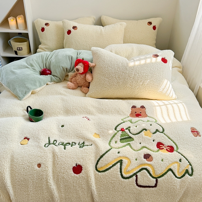 91家纺网 家纺一手货源 找家纺 蜜柚 2024新款高克重羊羔绒牛奶绒毛巾绣四件套 圣诞树