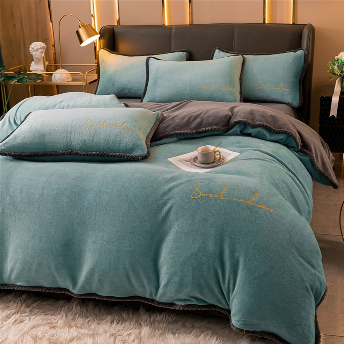 91家纺网 家纺一手货源 找家纺 吾诺 2024新款双拼色牛奶绒四件套 风格二 双拼湖兰