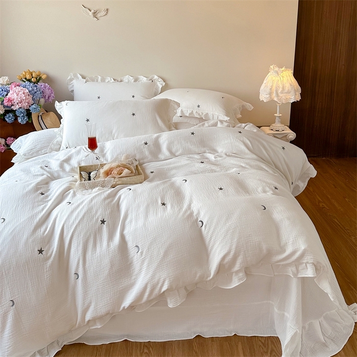 91家纺网 家纺一手货源 找家纺 木楌 2024全棉皱皱纱荷叶边刺绣工艺款四件套 星辰