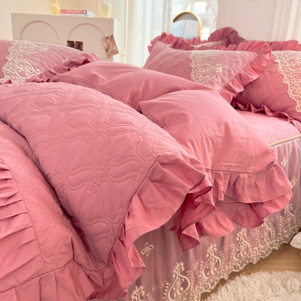 罗艺轩 2024新款公主风全棉加厚可脱卸床笠式床裙四件套 慕雅-豆沙