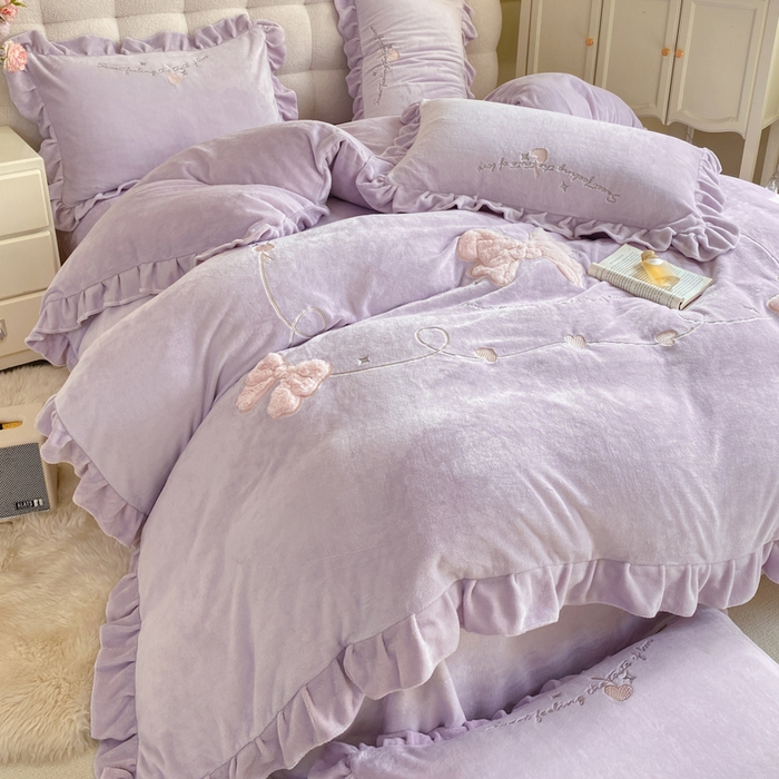 91家纺网 家纺一手货源 找家纺 蜜柚 2024新款全消光高克重韩版小清新贴布绣四件套 蝴蝶结-紫