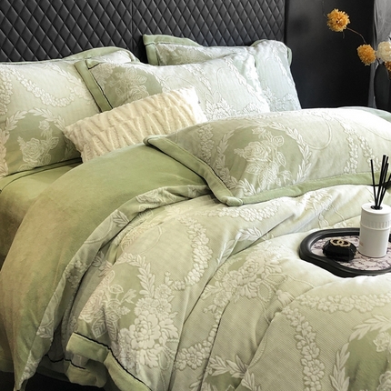 漫调家纺 2024新款轻奢立体着色雕花绒牛奶绒四件套 玫瑰庄园-绿