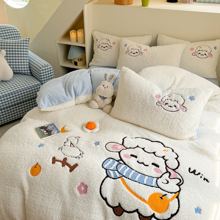 91家纺网 家纺一手货源 找家纺 蜜柚 2024新款高克重羊羔绒牛奶绒毛巾绣四件套 酷酷羊