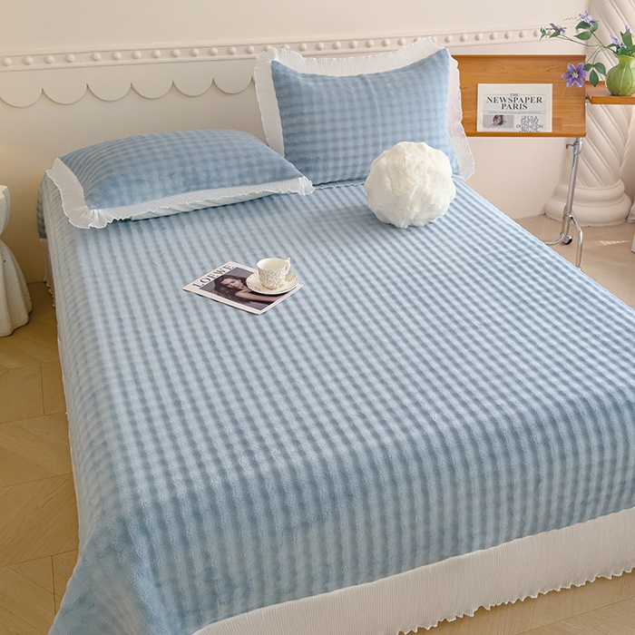 91家纺网 家纺一手货源 找家纺 冬然家纺 2024新款泡泡绒床裙四件套系列 泡泡绒-梦幻蓝