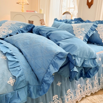 罗艺轩 2024新款公主风全棉加厚可脱卸床笠式床裙四件套 慕雅-牛仔蓝
