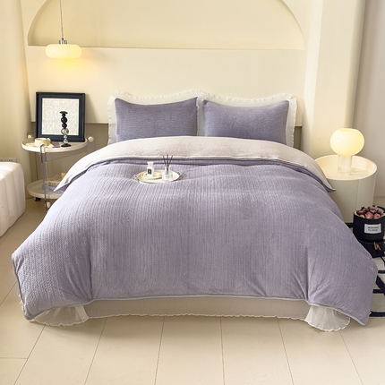 91家纺网 家纺一手货源 找家纺 冬然家纺 2024新款雕花绒床盖四件套系列 小麦穗-灰紫