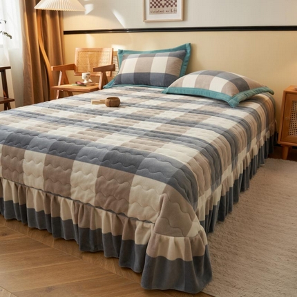  茉保家纺 2024新款无印风款牛奶绒床盖 蓝大格