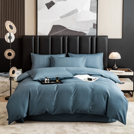 91家纺网 家纺一手货源 找家纺 简宜家居 2025新款60S长绒棉提花四件套 条纹-蓝