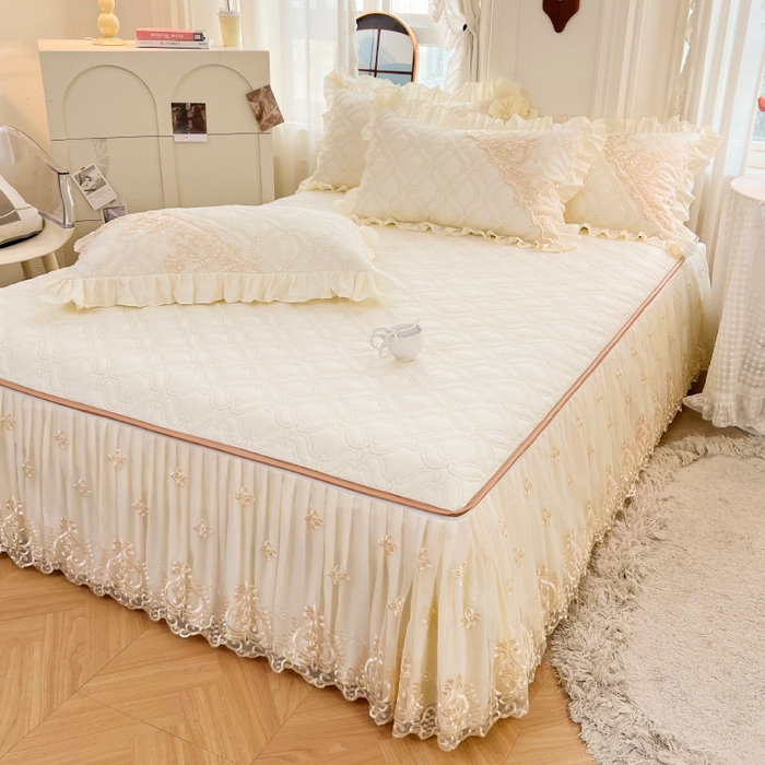 91家纺网 家纺一手货源 找家纺 罗艺轩 2024新款公主风全棉加厚可脱卸床笠式床裙四件套 慕雅-奶昔