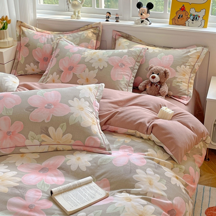 91家纺网 家纺一手货源 找家纺 暖芯优选 2025直播热款加厚全棉磨毛四件套喷气印花纯棉（一字绣工艺款）学生三件套9月上新 花意