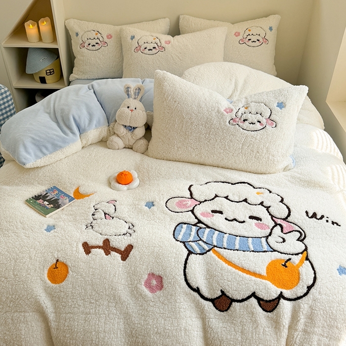 91家纺网 家纺一手货源 找家纺 蜜柚 2024新款高克重羊羔绒牛奶绒毛巾绣四件套 酷酷羊