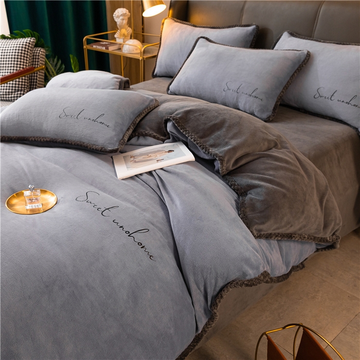 91家纺网 家纺一手货源 找家纺 吾诺 2024新款双拼色牛奶绒四件套 风格二 双拼兰灰