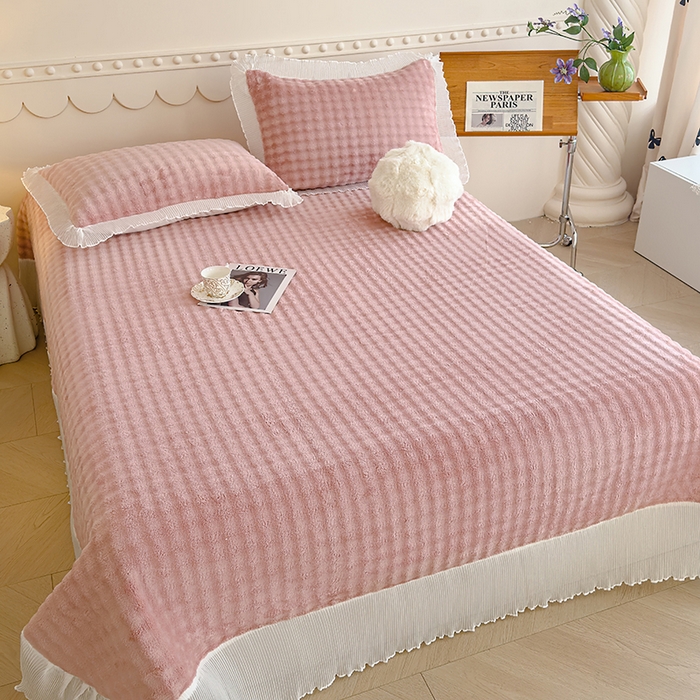 91家纺网 家纺一手货源 找家纺 冬然家纺 2024新款泡泡绒床裙四件套系列 泡泡绒-樱花粉