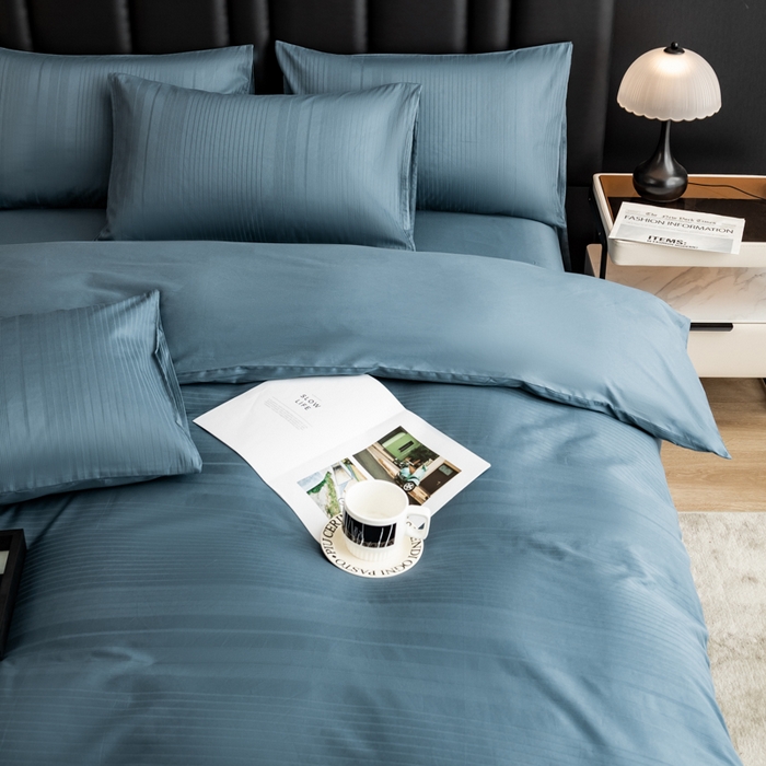 91家纺网 家纺一手货源 找家纺 简宜家居 2025新款60S长绒棉提花四件套 条纹-蓝