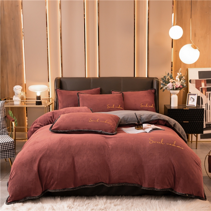 91家纺网 家纺一手货源 找家纺 吾诺 2024新款双拼色牛奶绒四件套 风格二 双拼焦糖