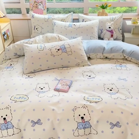 91家纺网 家纺一手货源 找家纺 麦伦家居 2024秋冬新品 多功能床品全棉+牛奶绒四件套 波点狗