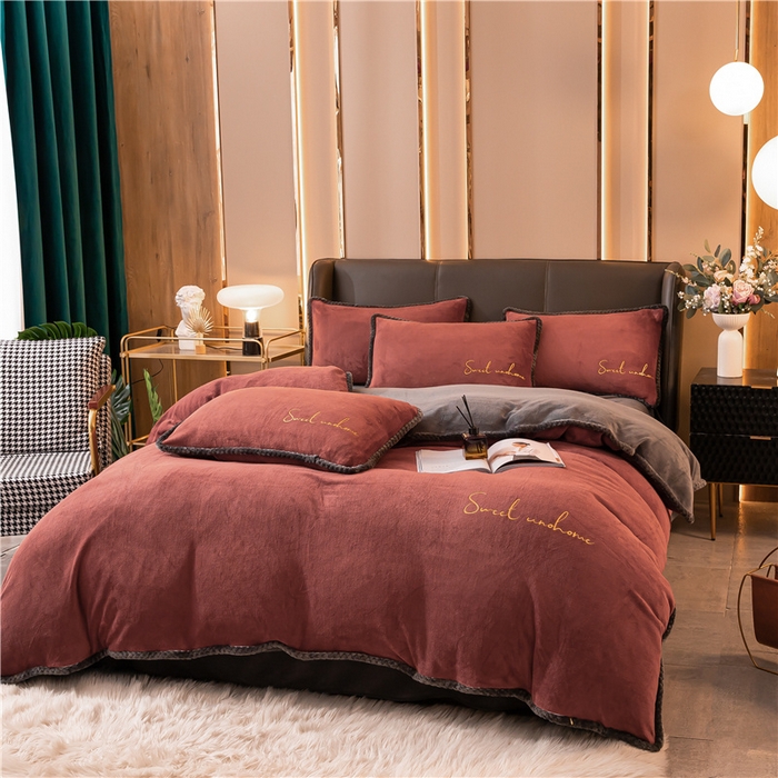 91家纺网 家纺一手货源 找家纺 吾诺 2024新款双拼色牛奶绒四件套 风格二 双拼焦糖