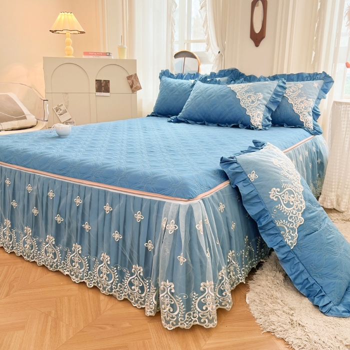 91家纺网 家纺一手货源 找家纺 罗艺轩 2024新款公主风全棉加厚可脱卸床笠式床裙四件套 慕雅-牛仔蓝