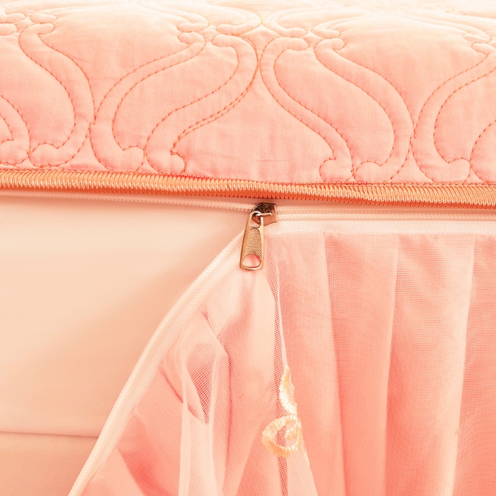 91家纺网 家纺一手货源 找家纺 罗艺轩 2024新款公主风全棉加厚可脱卸床笠式床裙三件套 慕雅-柔粉