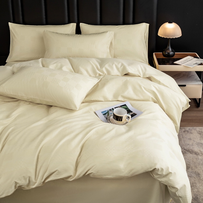 91家纺网 家纺一手货源 找家纺 简宜家居 2025新款60S长绒棉提花四件套 格子-米白