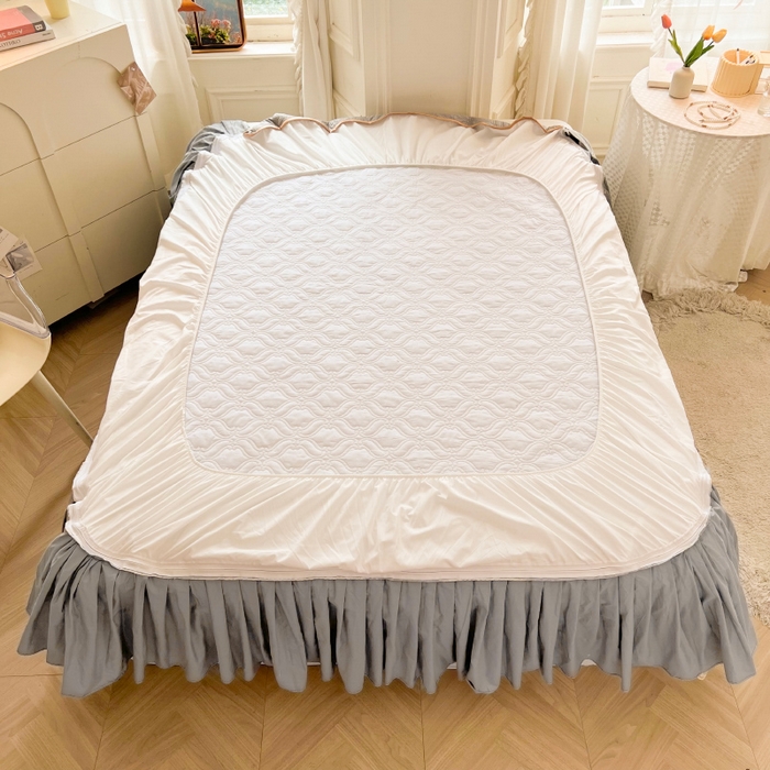 91家纺网 家纺一手货源 找家纺 罗艺轩 2024新款公主风全棉加厚可脱卸床笠式床裙三件套 慕雅-高级灰