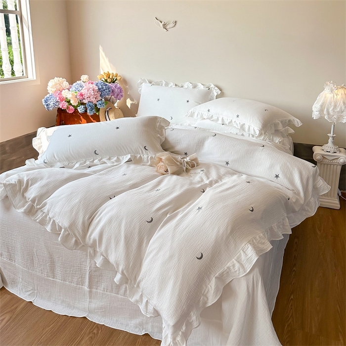 91家纺网 家纺一手货源 找家纺 木楌 2024全棉皱皱纱荷叶边刺绣工艺款四件套 星辰