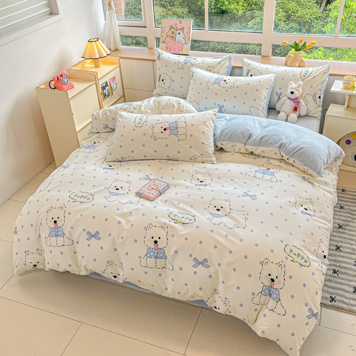 91家纺网 家纺一手货源 找家纺 麦伦家居 2024秋冬新品 多功能床品全棉+牛奶绒四件套 波点狗