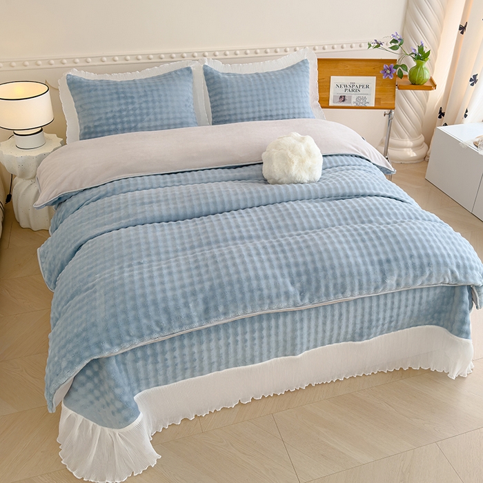 91家纺网 家纺一手货源 找家纺 冬然家纺 2024新款泡泡绒床裙四件套系列 泡泡绒-梦幻蓝