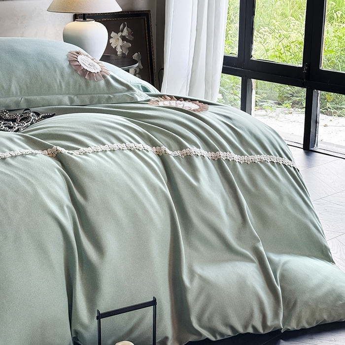 91家纺网 家纺一手货源 找家纺 宜家坊 2024秋冬加厚肌理纹碳素磨毛刺绣贴布绣花边新中式四件套 绿色