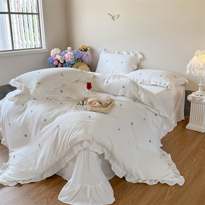 91家纺网 家纺一手货源 找家纺 木楌 2024全棉皱皱纱荷叶边刺绣工艺款四件套 星辰