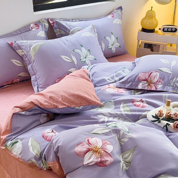 91家纺网 家纺一手货源 找家纺 润淳 2025全棉正宗13376四件套精梳棉印花纯棉三件套13372全棉四件套 兰亭花絮 紫