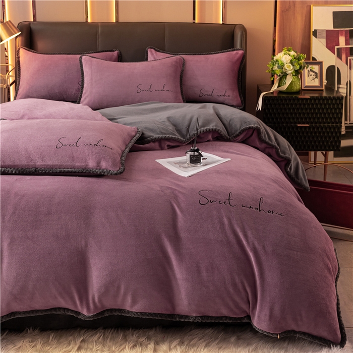 91家纺网 家纺一手货源 找家纺 吾诺 2024新款双拼色牛奶绒四件套 风格二 双拼浅紫