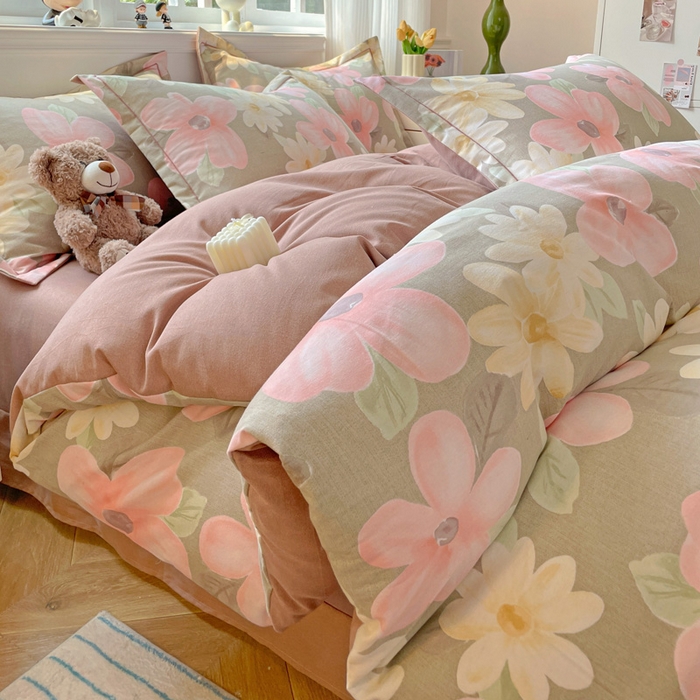 91家纺网 家纺一手货源 找家纺 暖芯优选 2025直播热款加厚全棉磨毛四件套喷气印花纯棉（一字绣工艺款）学生三件套9月上新 花意