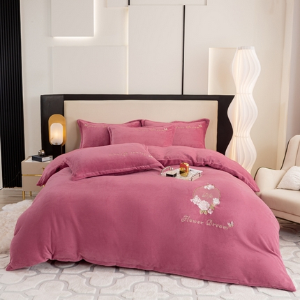 晶缦家纺 2024新款高克重牛奶绒刺绣花四件套 花仙子-豆沙