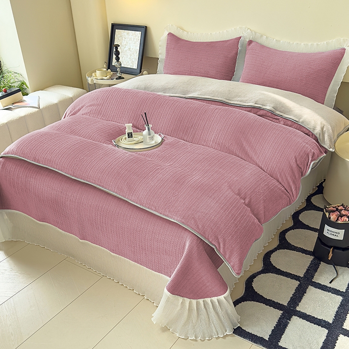 91家纺网 家纺一手货源 找家纺 冬然家纺 2024新款雕花绒床盖四件套系列 小麦穗-豆沙粉