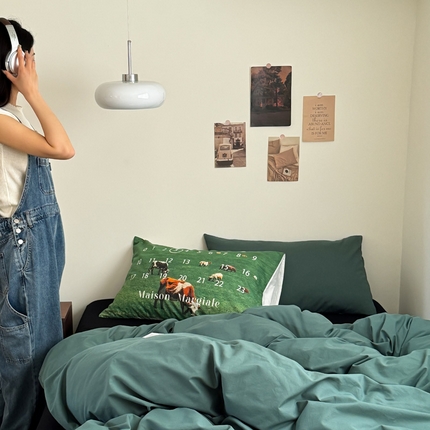 艾沁家纺 2024新款简约风全棉色织水洗棉混搭四件套 墨绿+黑（墨绿+印花枕）