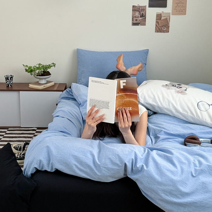 91家纺网 家纺一手货源 找家纺 艾沁家纺 2024新款简约风全棉色织水洗棉混搭四件套 天蓝+黑（天蓝枕+印花枕）