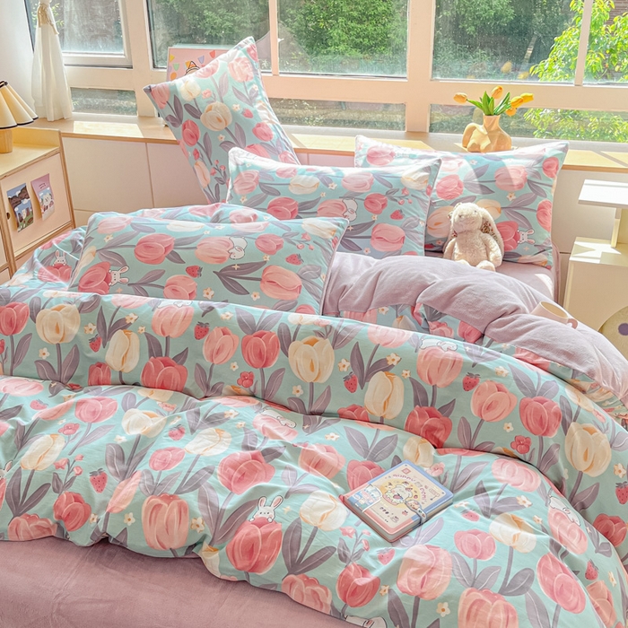 91家纺网 家纺一手货源 找家纺 麦伦家居 2024秋冬新品 多功能床品全棉+牛奶绒四件套郁金花镜紫